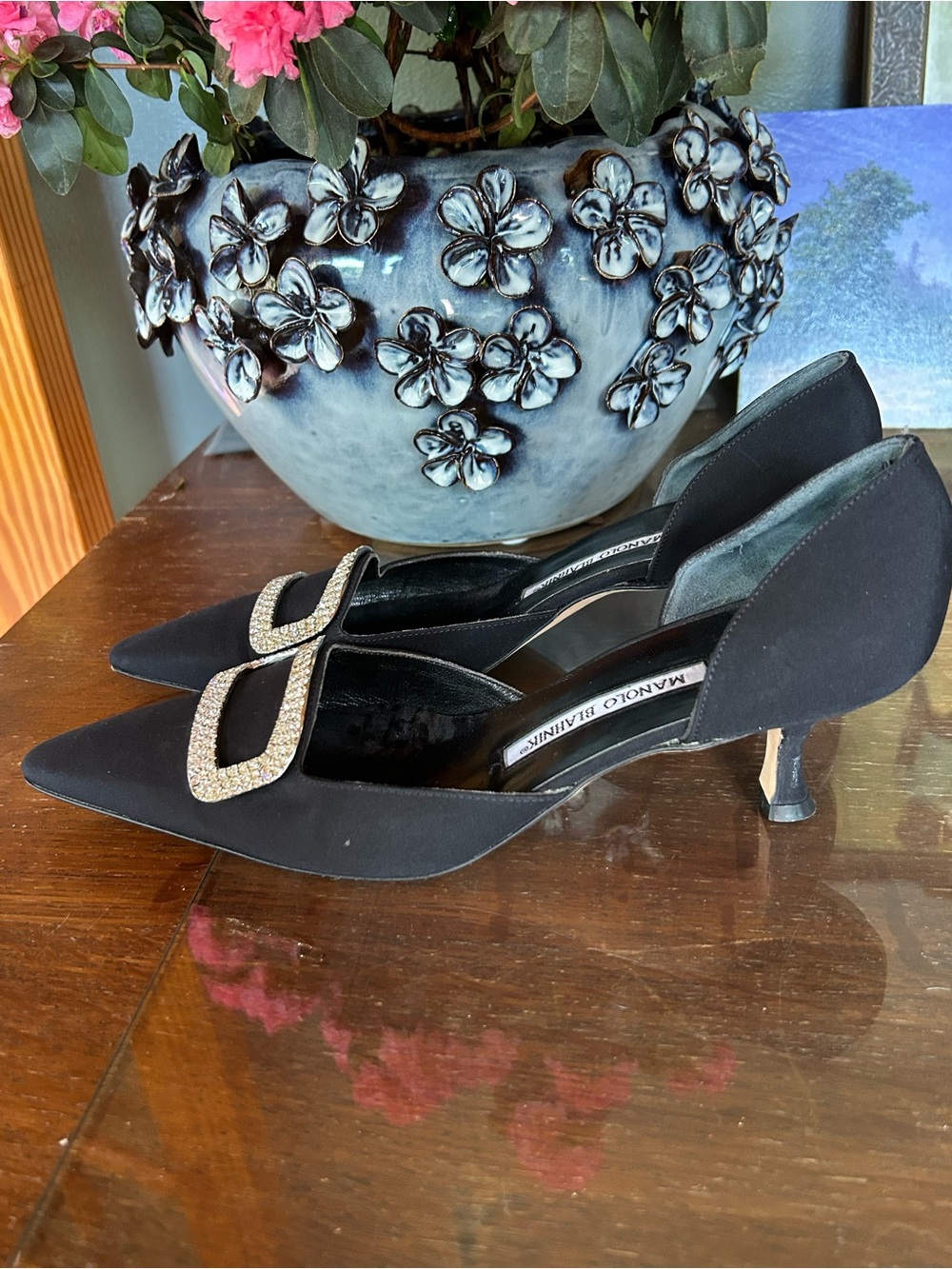 Manolo Blahnik Rhinestone Buckle Kitten Heels